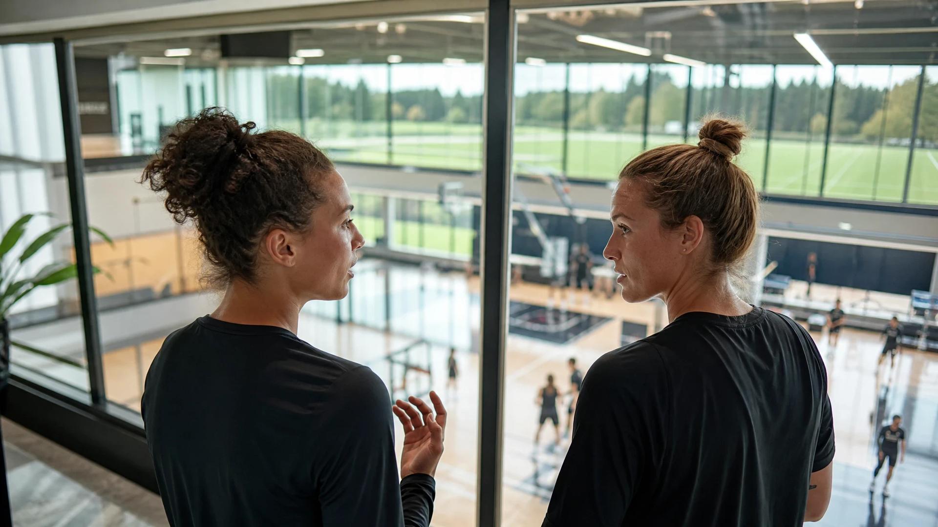 Two female athletes in a sports facility engaged in conversation.