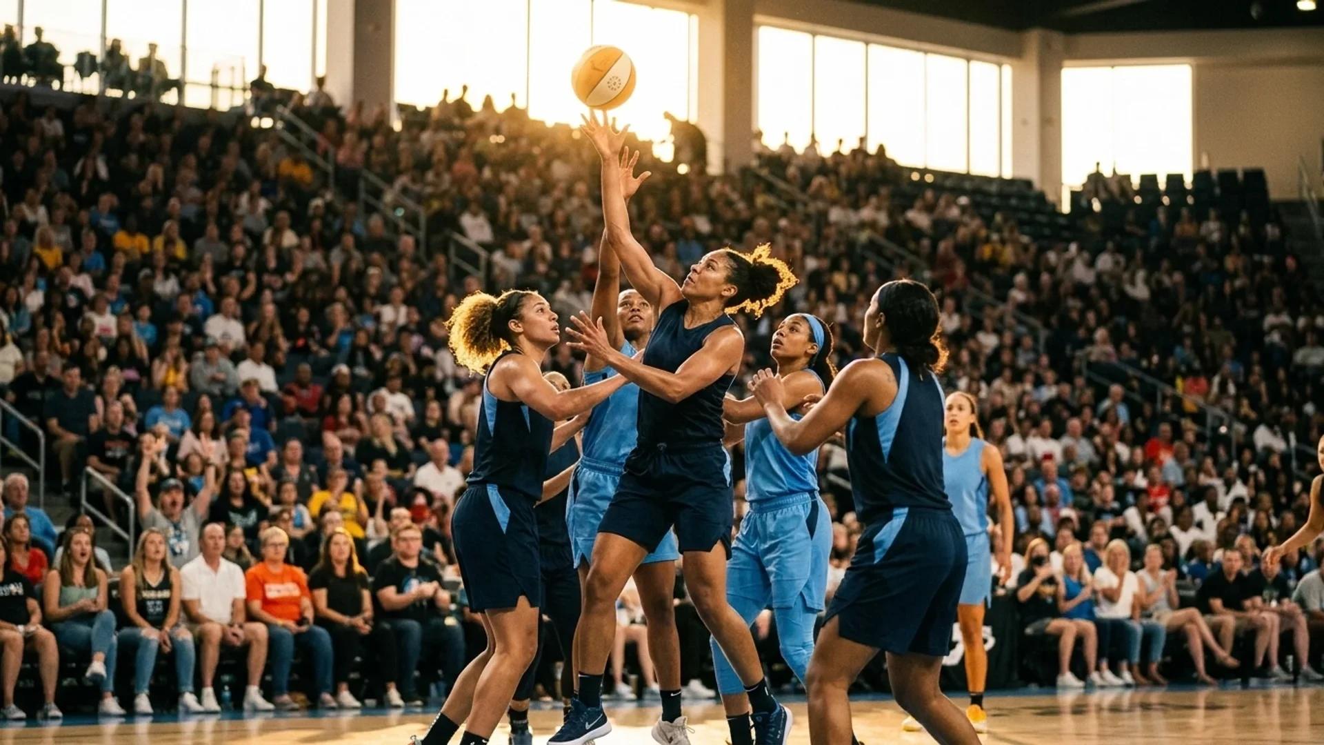 A dramatic moment during a WNBA game featuring players in action with a crowd in the background.