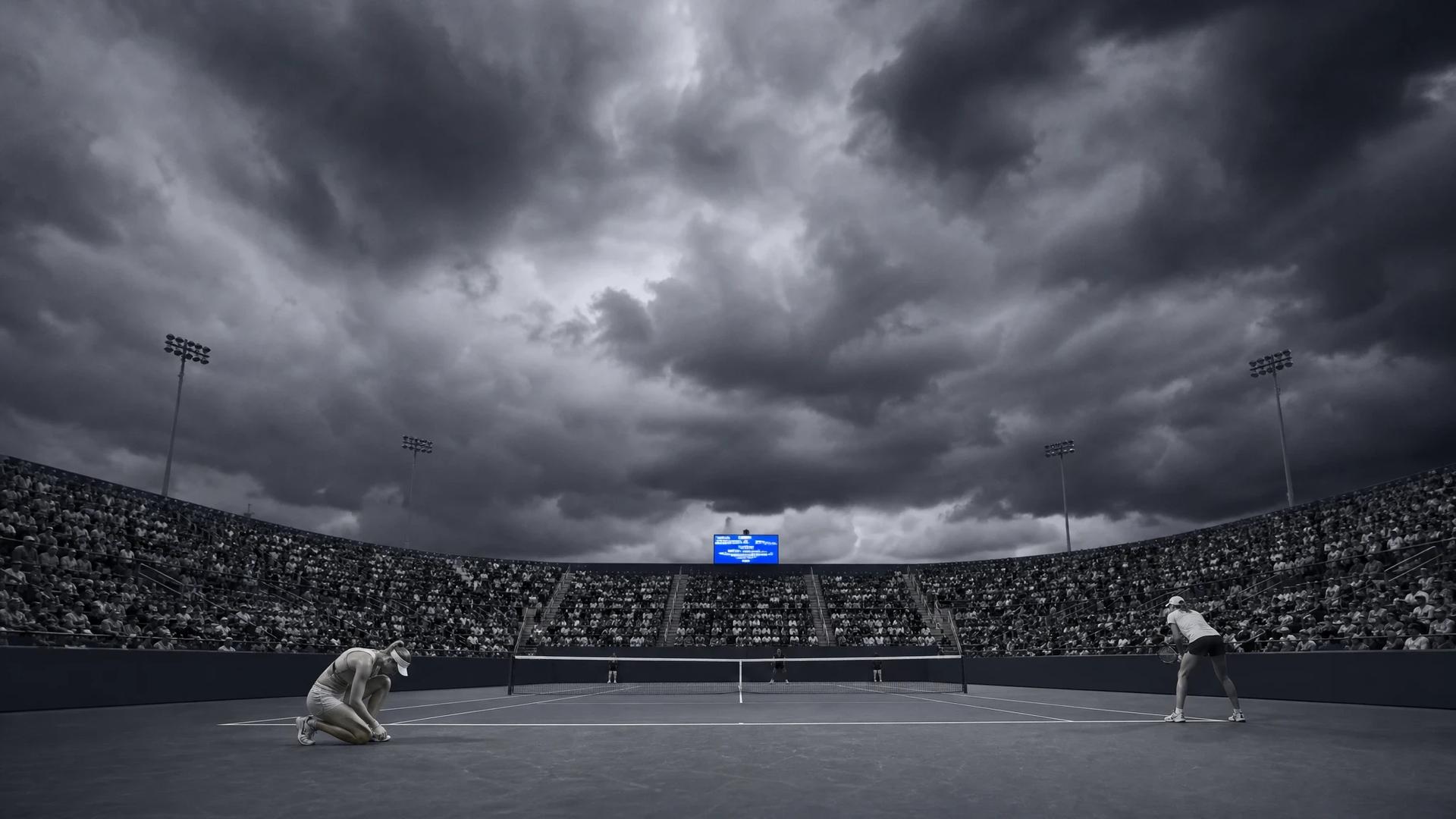 An extreme wide shot of a tense tennis match at the Cincinnati Open under stormy clouds.