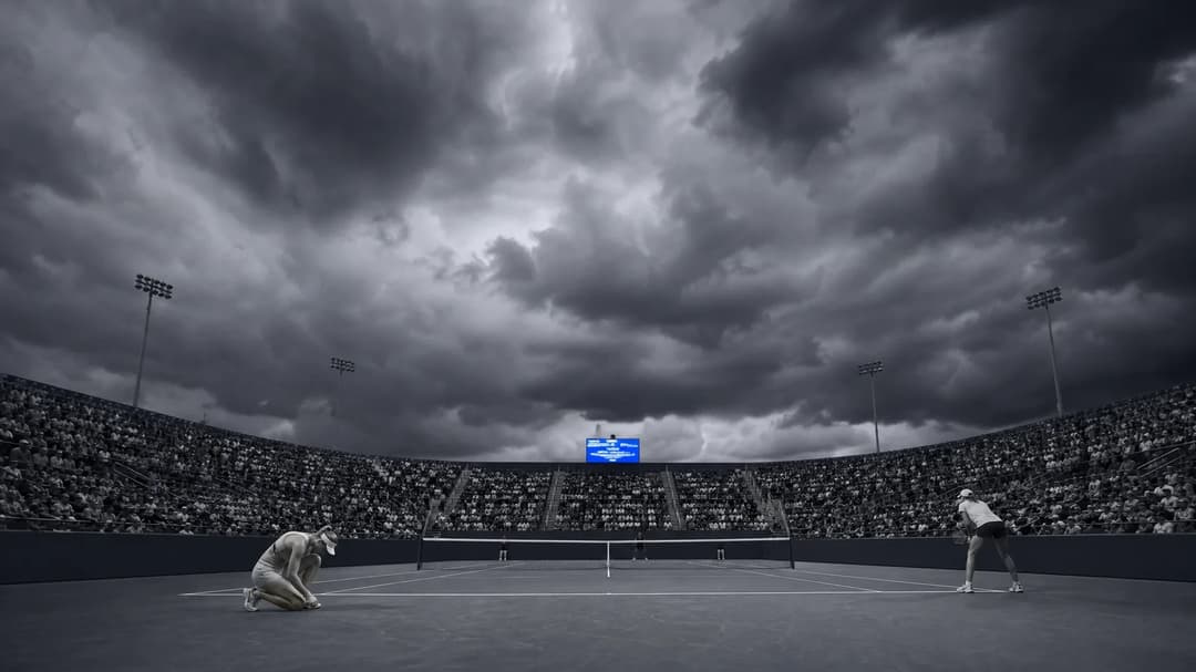 An extreme wide shot of a tense tennis match at the Cincinnati Open under stormy clouds.