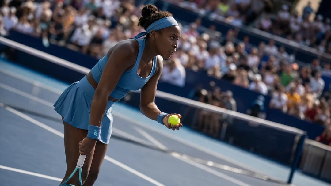 Coco Gauff poised at the baseline before her match.
