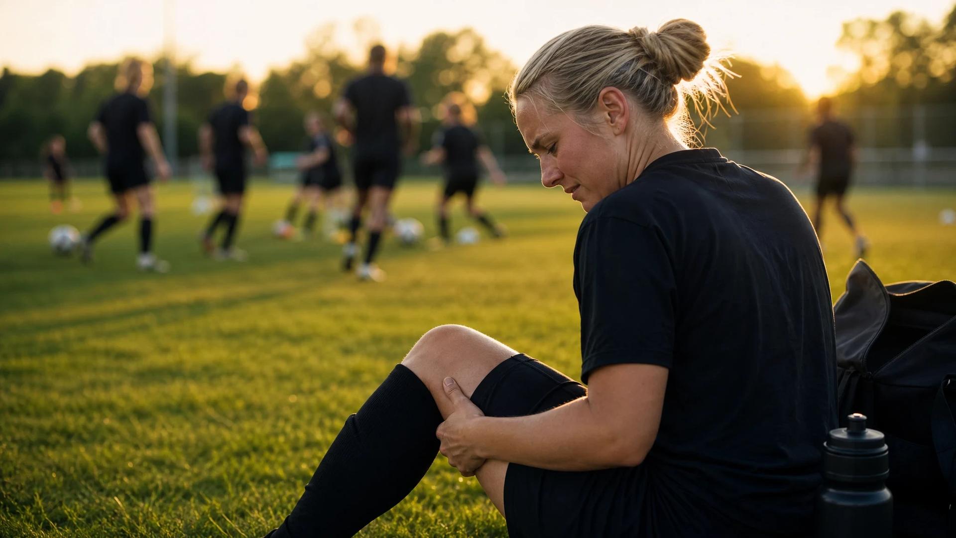 An over-the-shoulder shot of Nathalie Hoff Persson sitting on a football pitch, looking at her knee during practice.