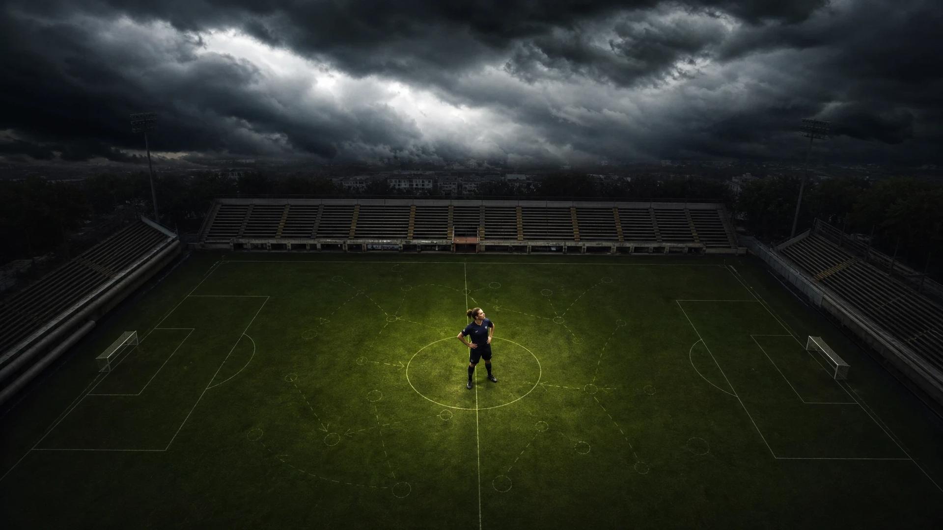 A top-down shot of a football pitch with Laura Freigang at the center, under a stormy sky.