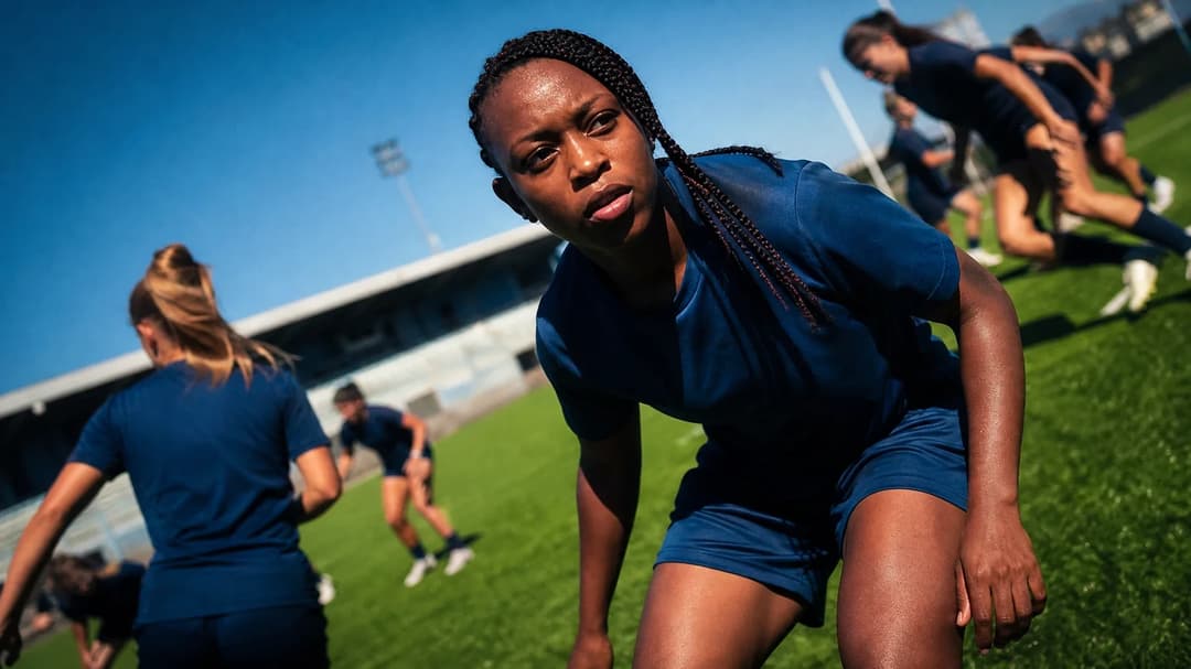 Elisha Sulola training with her football team on a vibrant pitch.