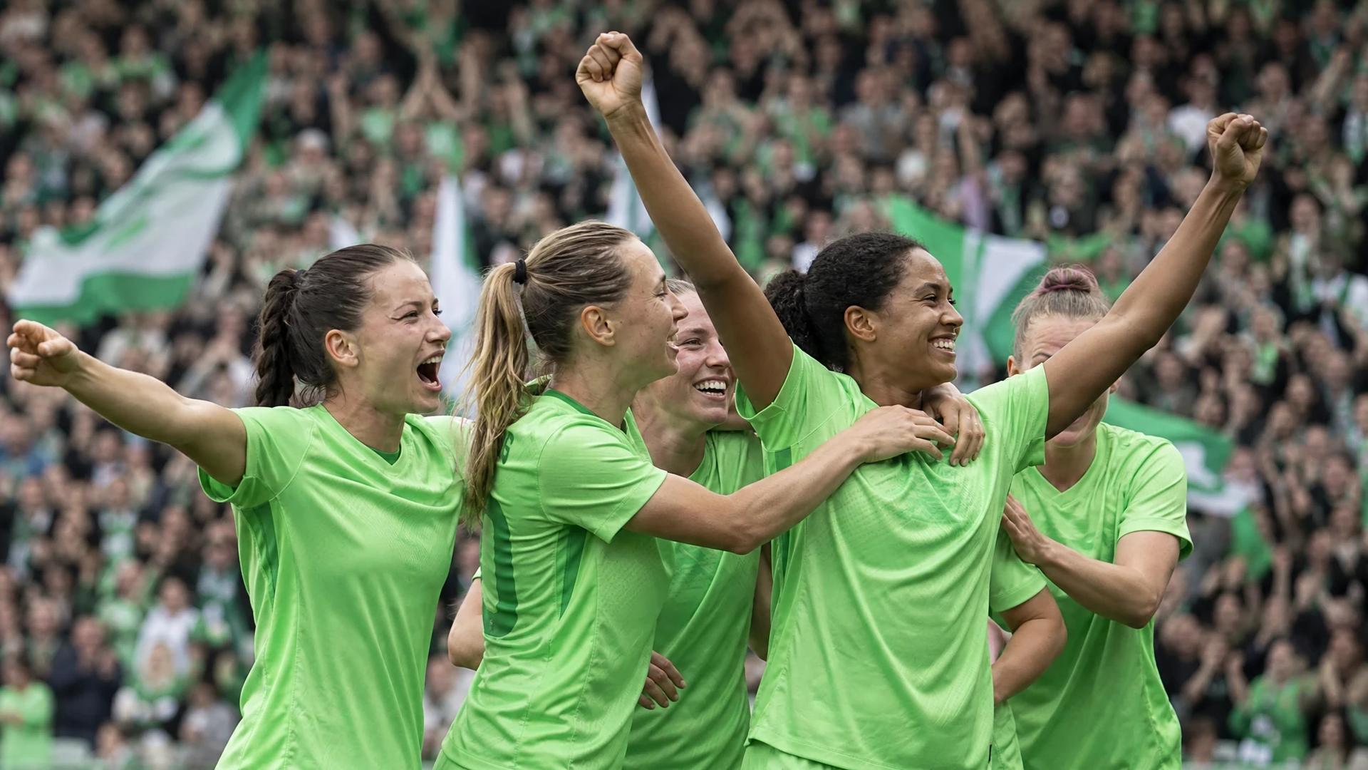 Wolfsburg players celebrating a goal with ecstatic fans in the background.