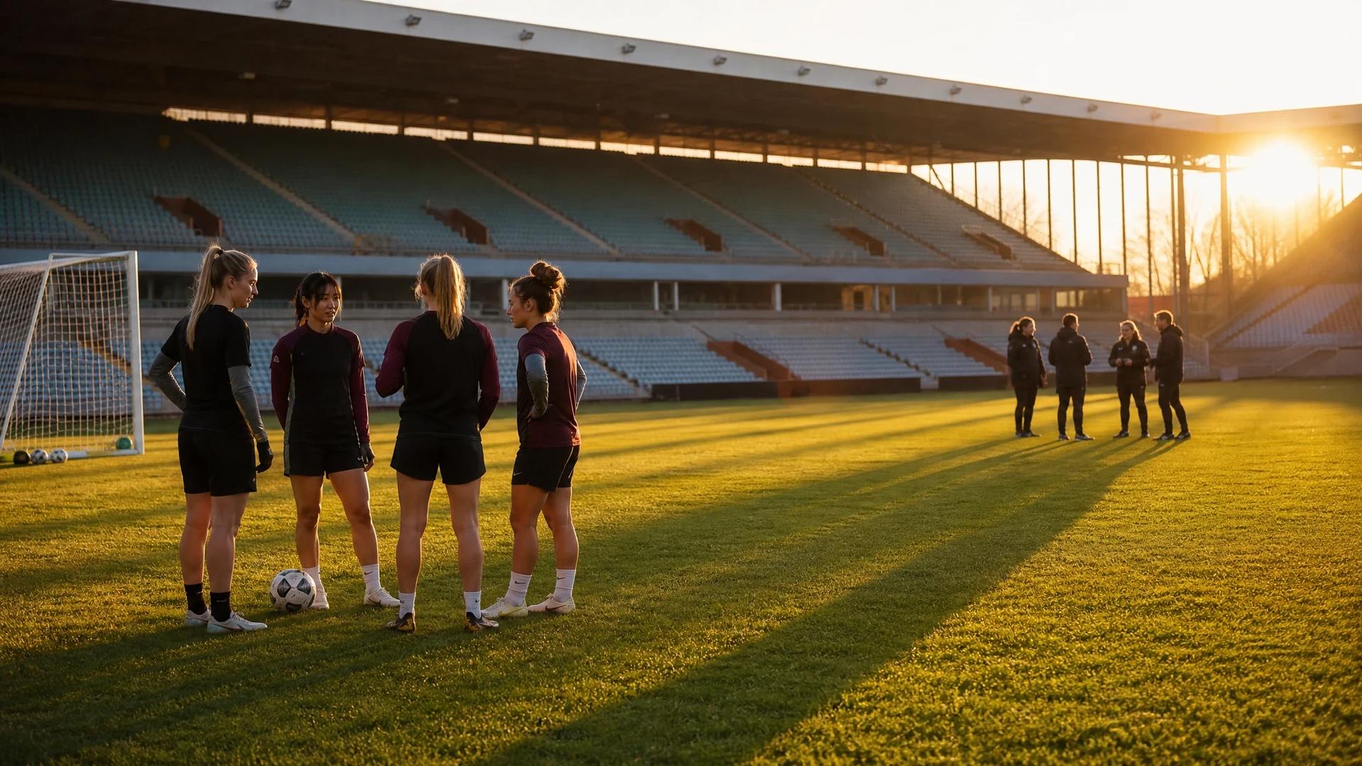 A group of young female footballers preparing for training at Villa Park during golden hour.