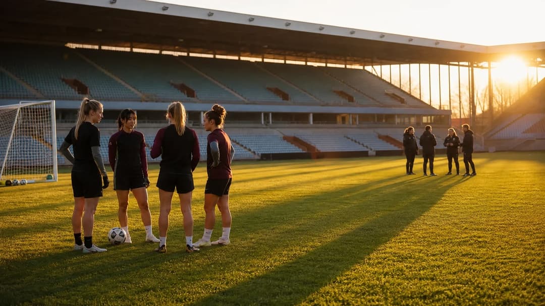 A group of young female footballers preparing for training at Villa Park during golden hour.