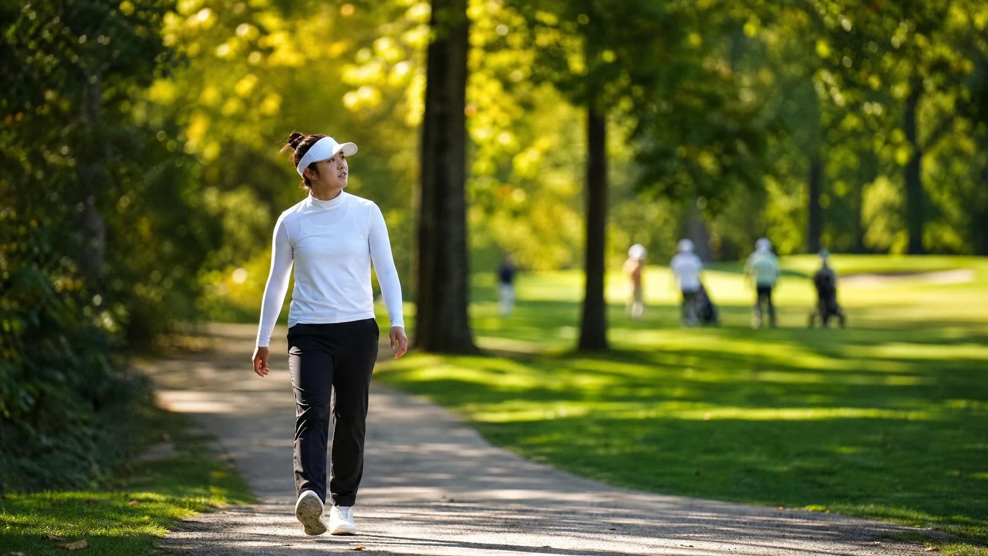 Miyu Yamashita walking along a tree-lined path at Royal Mayfair.