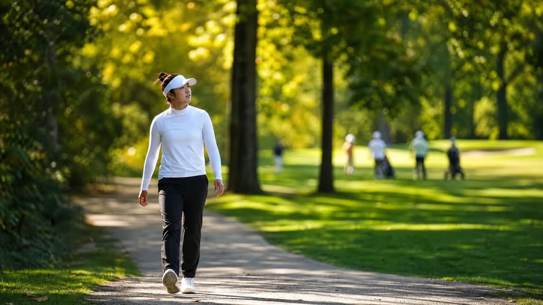 Miyu Yamashita walking along a tree-lined path at Royal Mayfair.