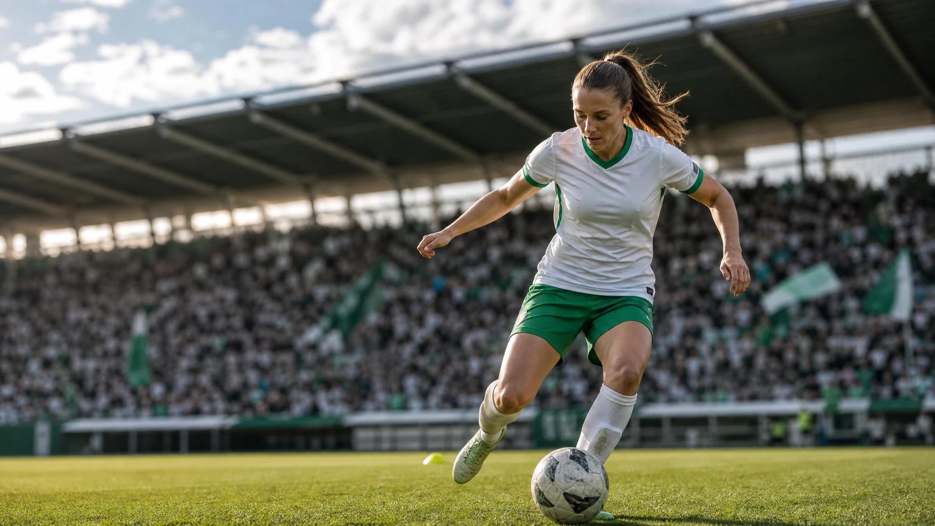 A determined Hammarby women's football player training on a pitch, with fans cheering in the background.