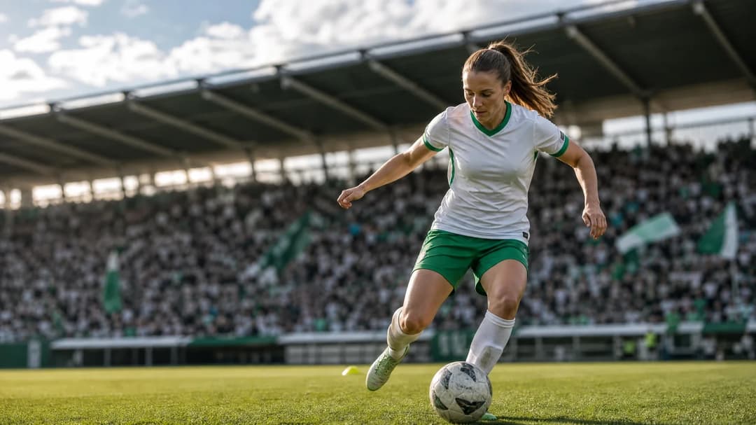 A determined Hammarby women's football player training on a pitch, with fans cheering in the background.
