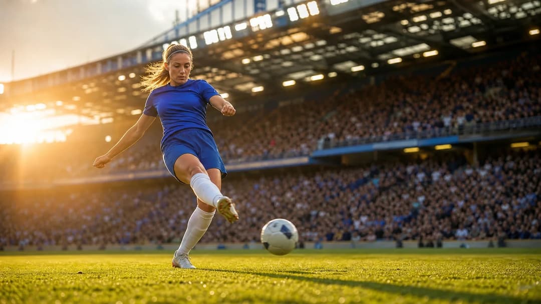 Chelsea player Katie McCabe is on the pitch at Stamford Bridge, surrounded by an excited crowd.