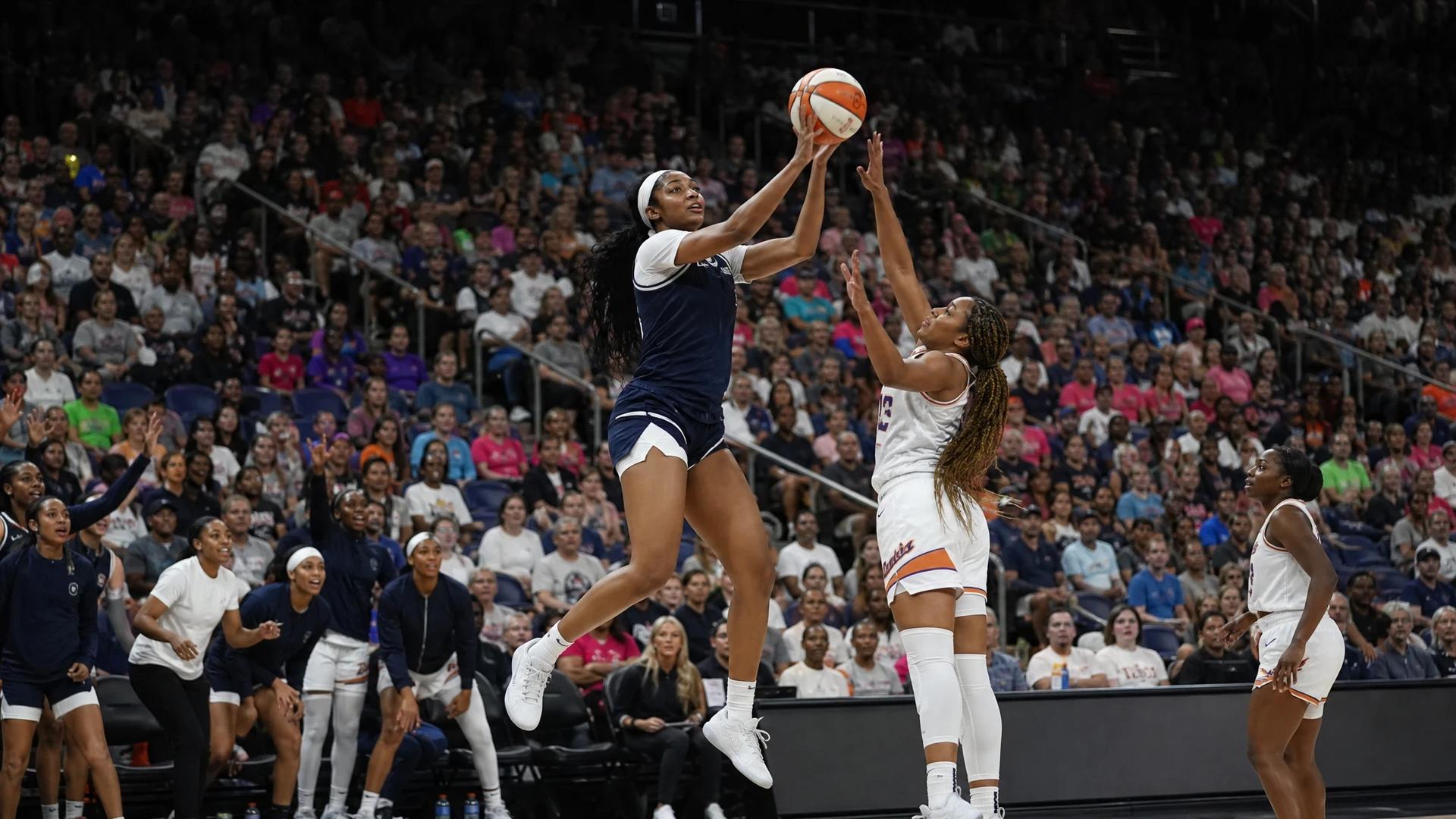 Basketball player Angel Reese leaps towards the hoop during a game, with a crowd and opposing players in the background.