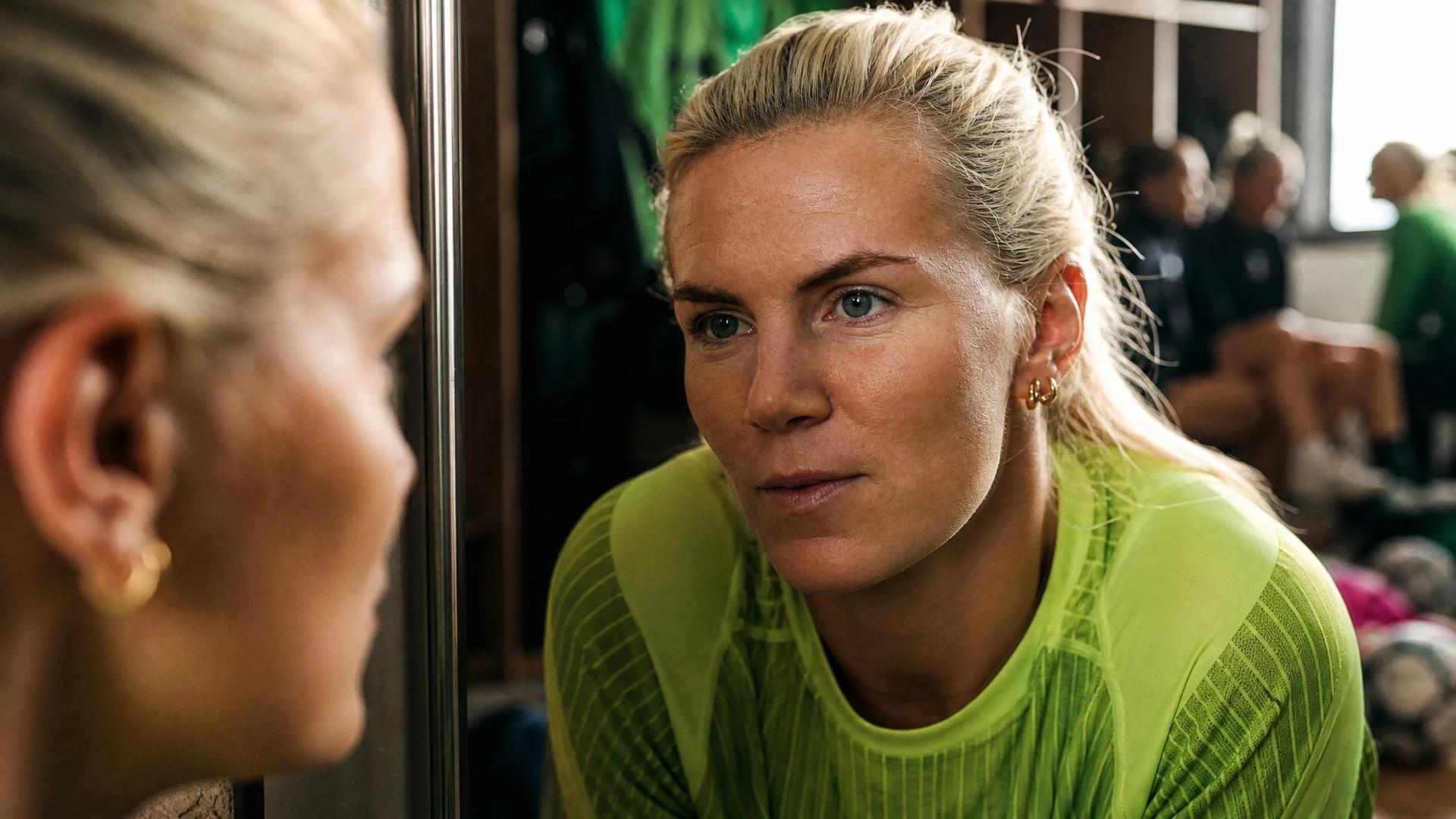 A close-up of Josefine Rybrink reflected in a locker door, looking thoughtful in a training kit in a sports locker room.