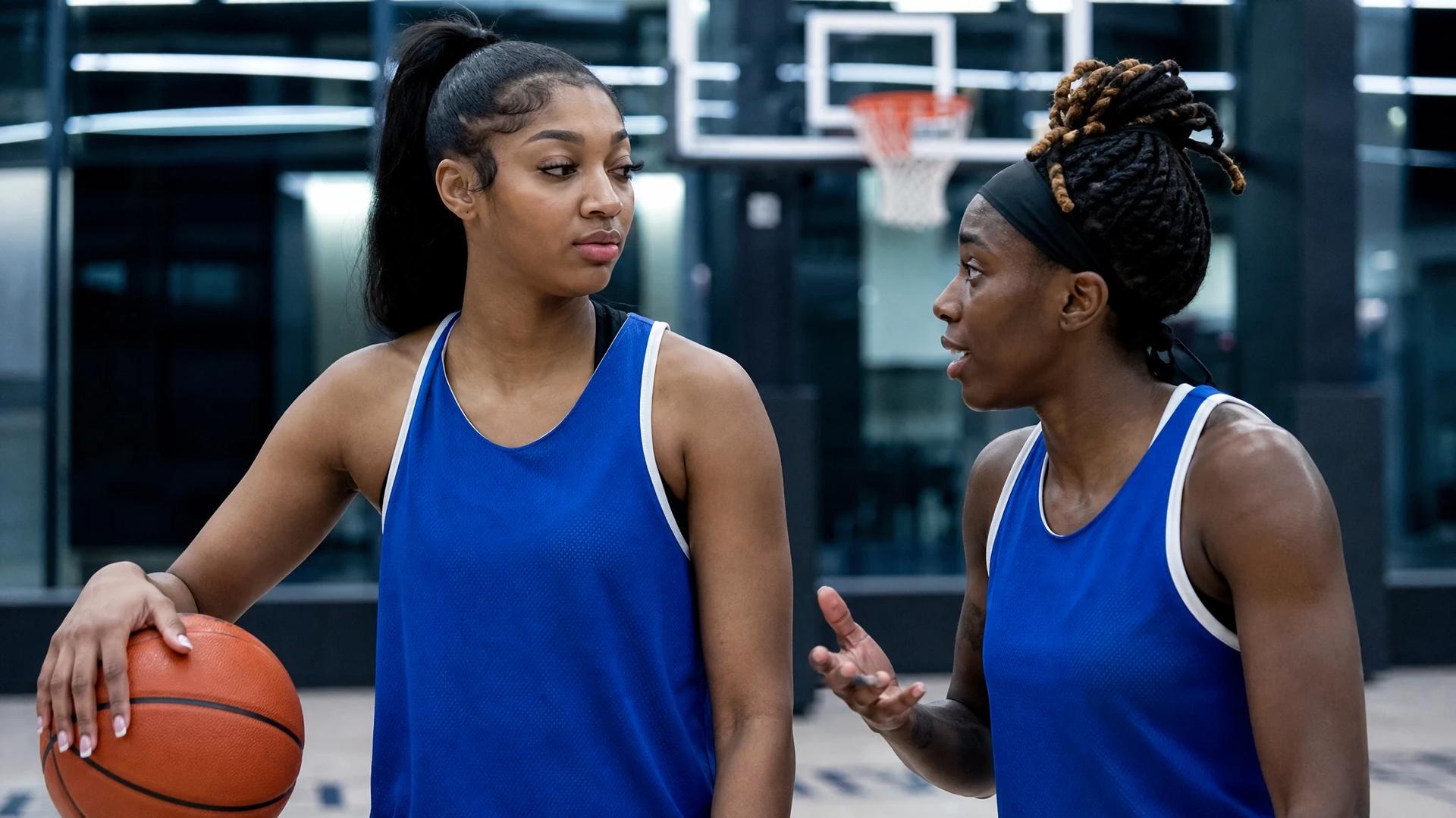Two female basketball players interacting in a gymnasium.