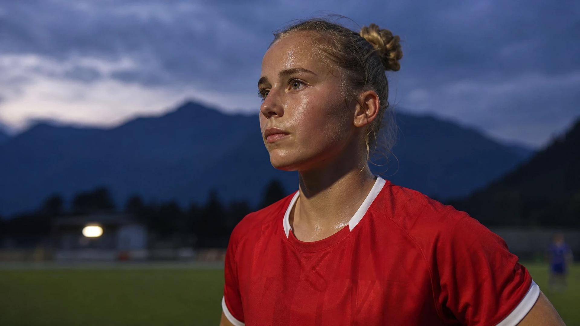 Close-up of a female football player with a focused expression after a training session.
