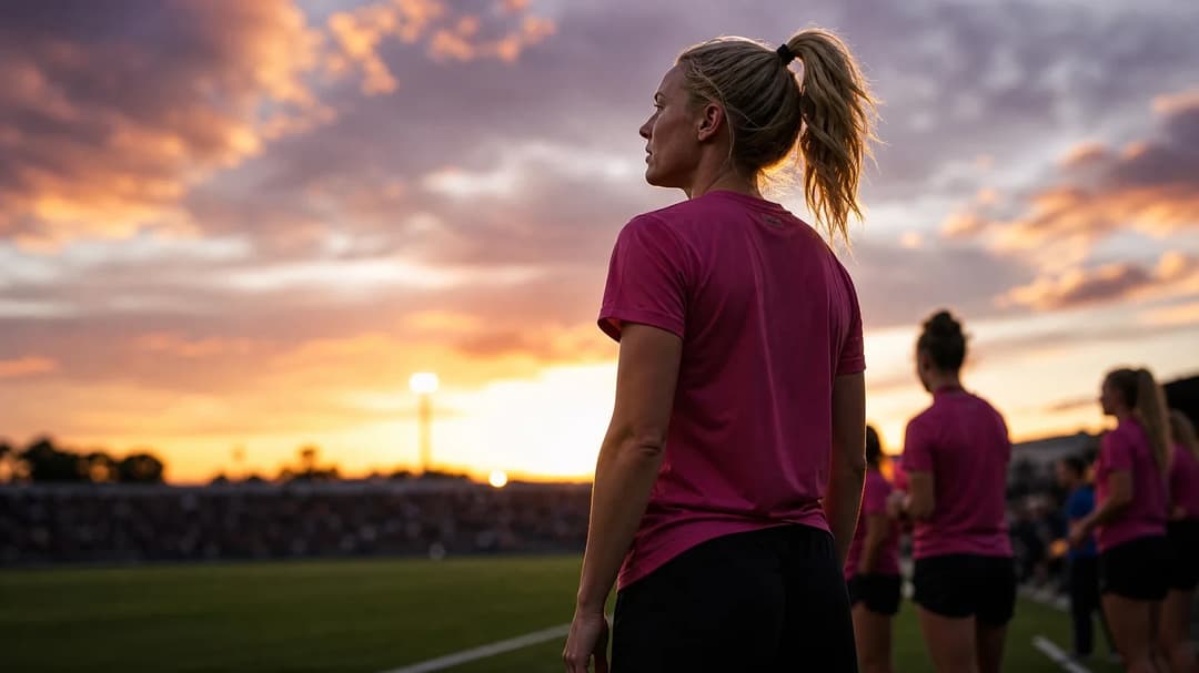A female football player in a pink jersey is silhouetted against a sunset before the match.