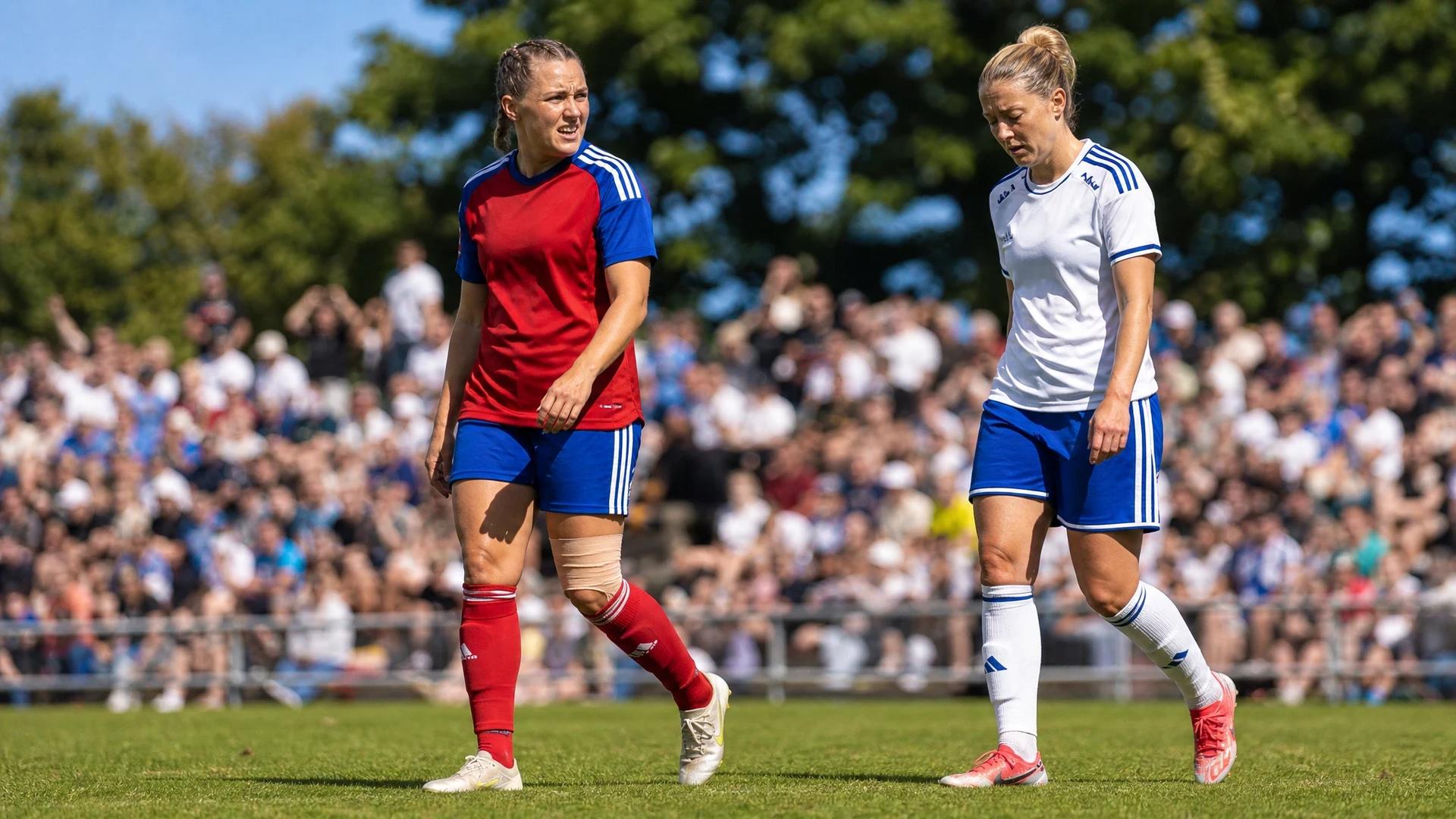 A low-angle shot of two football players on a sunlit pitch, displaying contrasting emotions after a match.