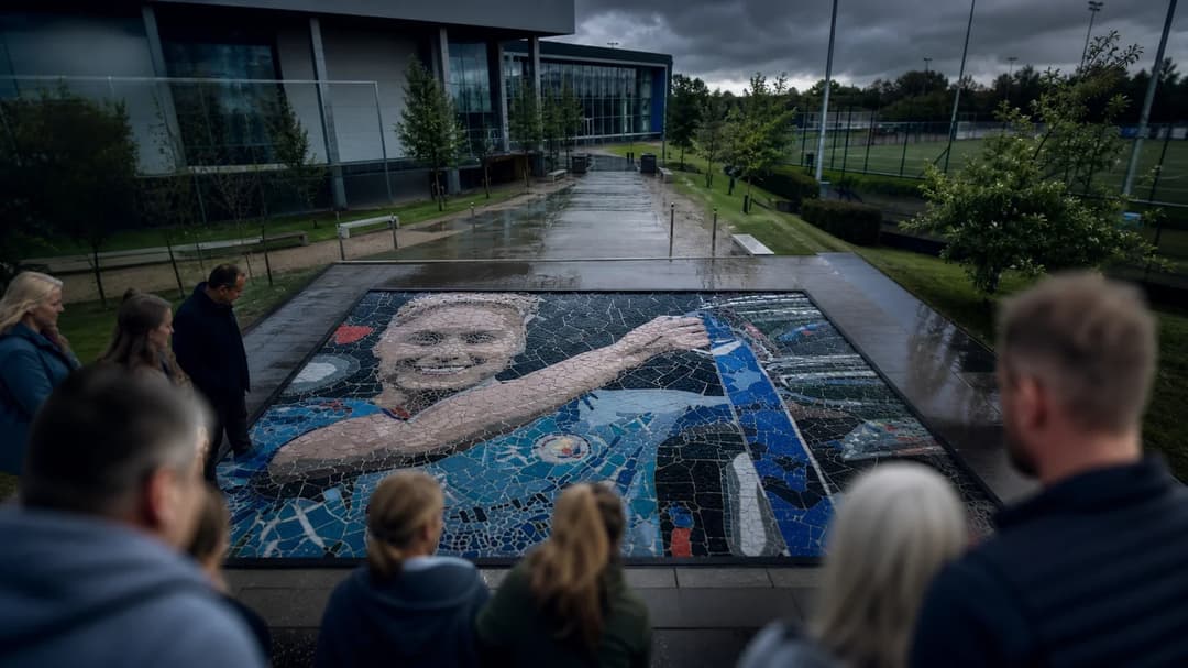 Bird's-eye view of a mosaic tribute to footballer Steph Houghton, surrounded by her family.