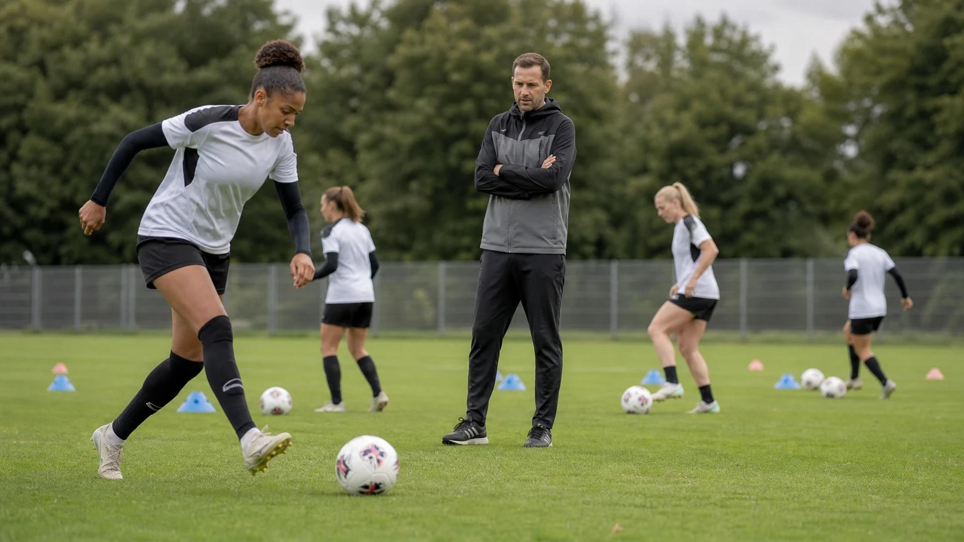 Coach Marco Konrad interacting with players during warm-ups on the training pitch.