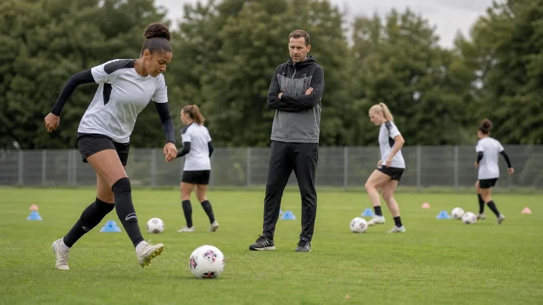 Coach Marco Konrad interacting with players during warm-ups on the training pitch.