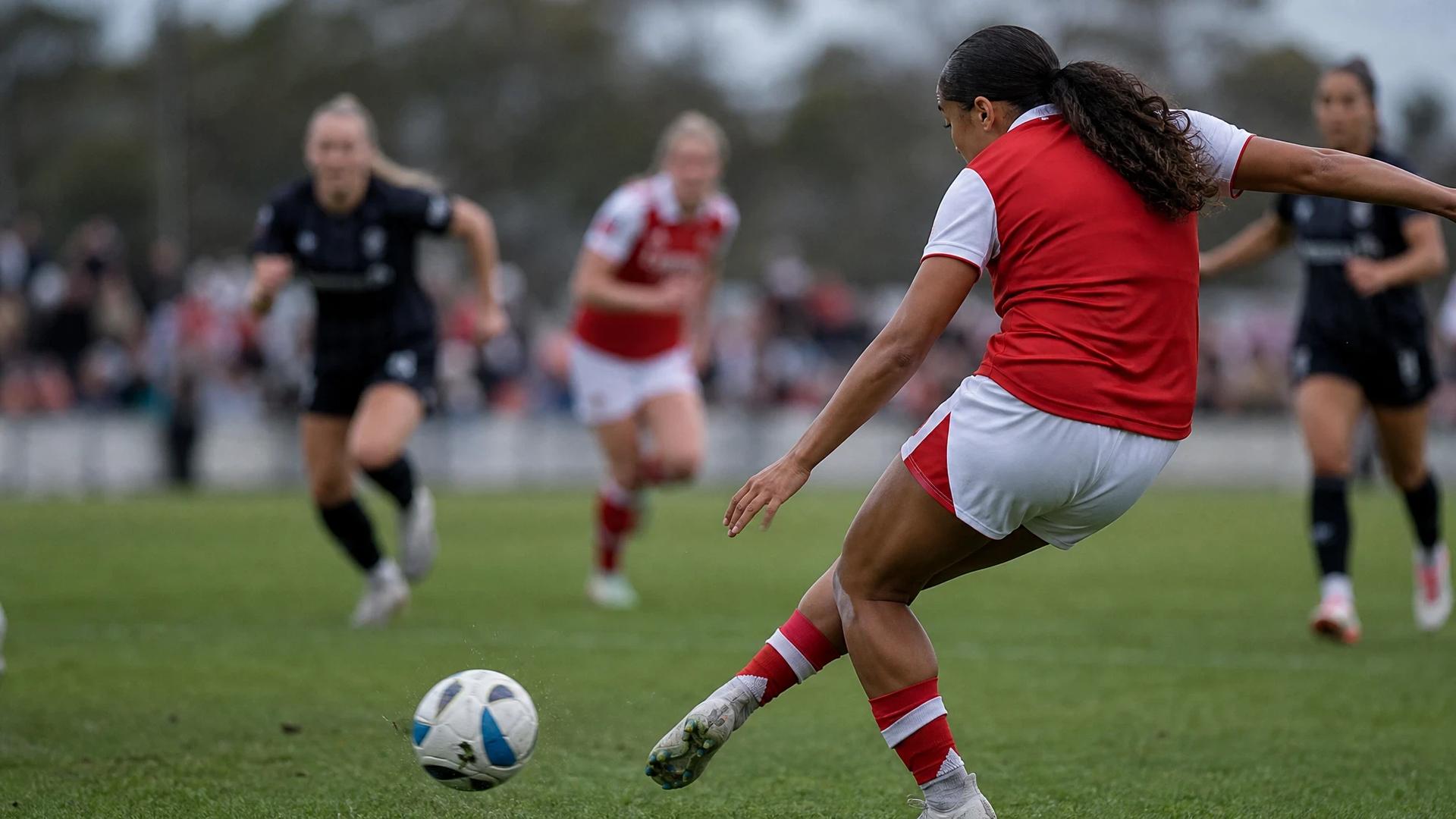 A close-up over-the-shoulder shot of Olivia Smith striking a football during a match.