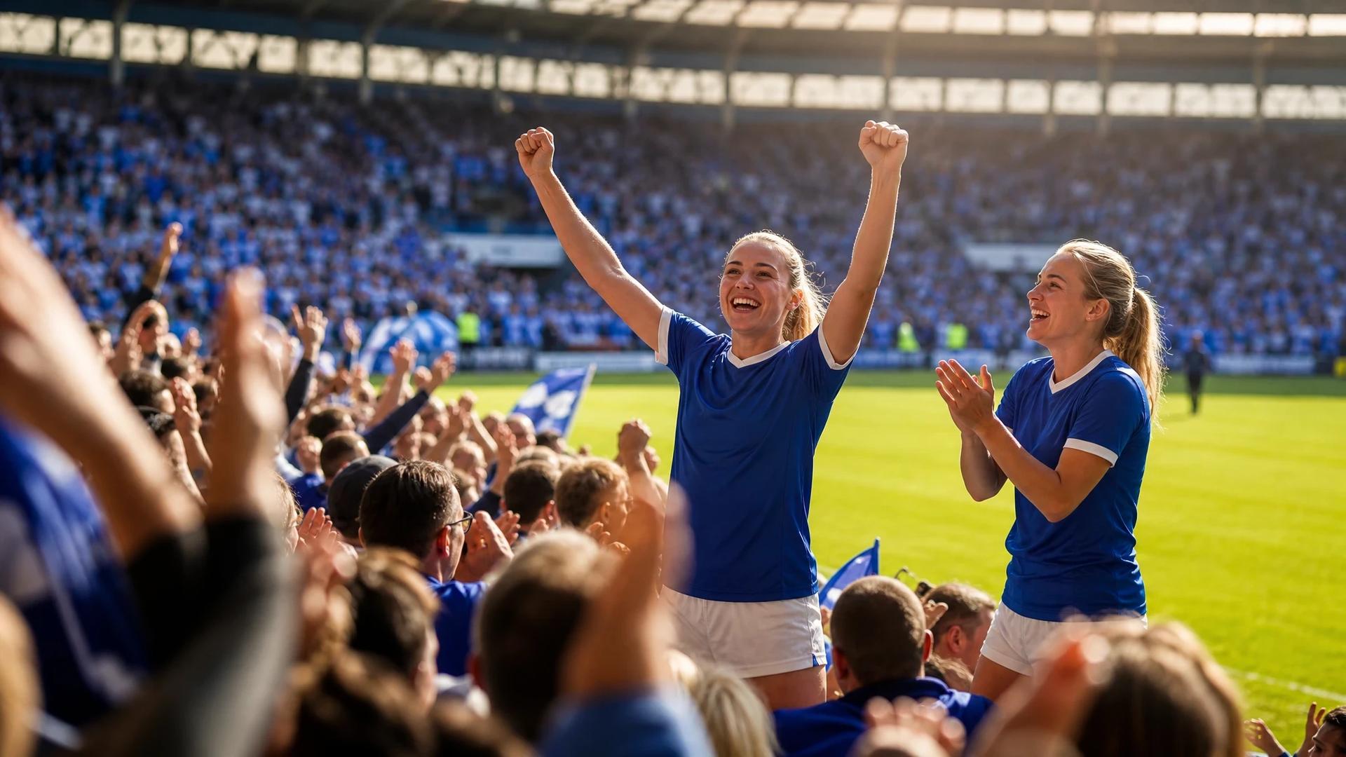 Two Birmingham City Women football players celebrating in a stadium filled with fans.