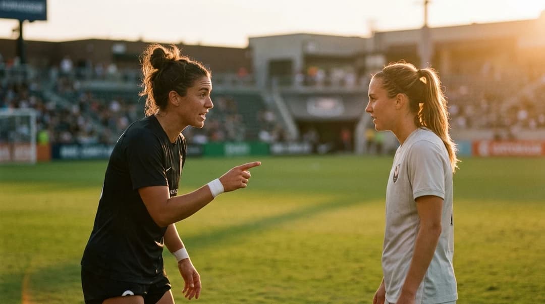 Two female football players sharing a moment of interaction on the pitch during golden hour.