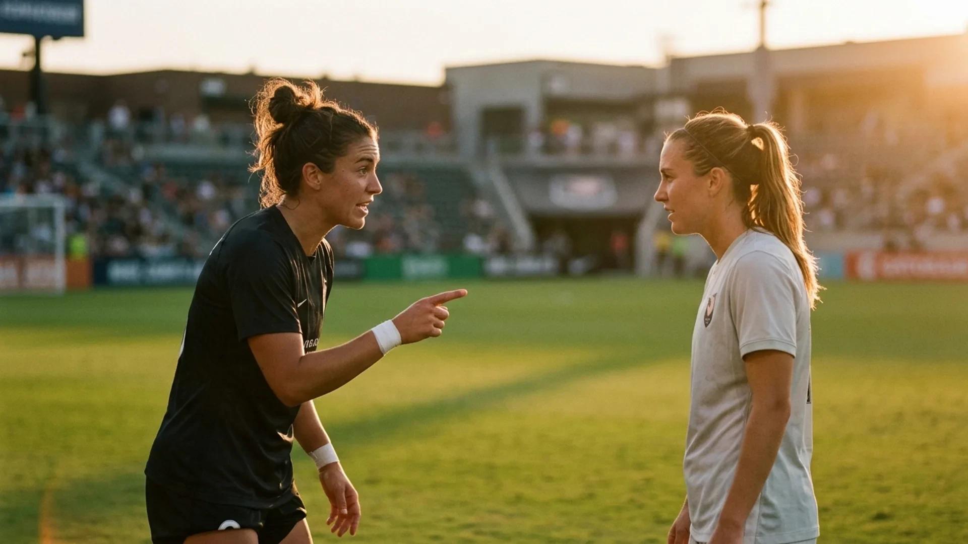 Two female football players sharing a moment of interaction on the pitch during golden hour.