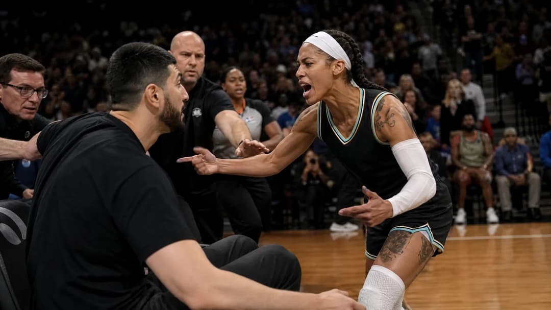 Natasha Cloud approaches Enes Kanter Freedom courtside during a basketball game.