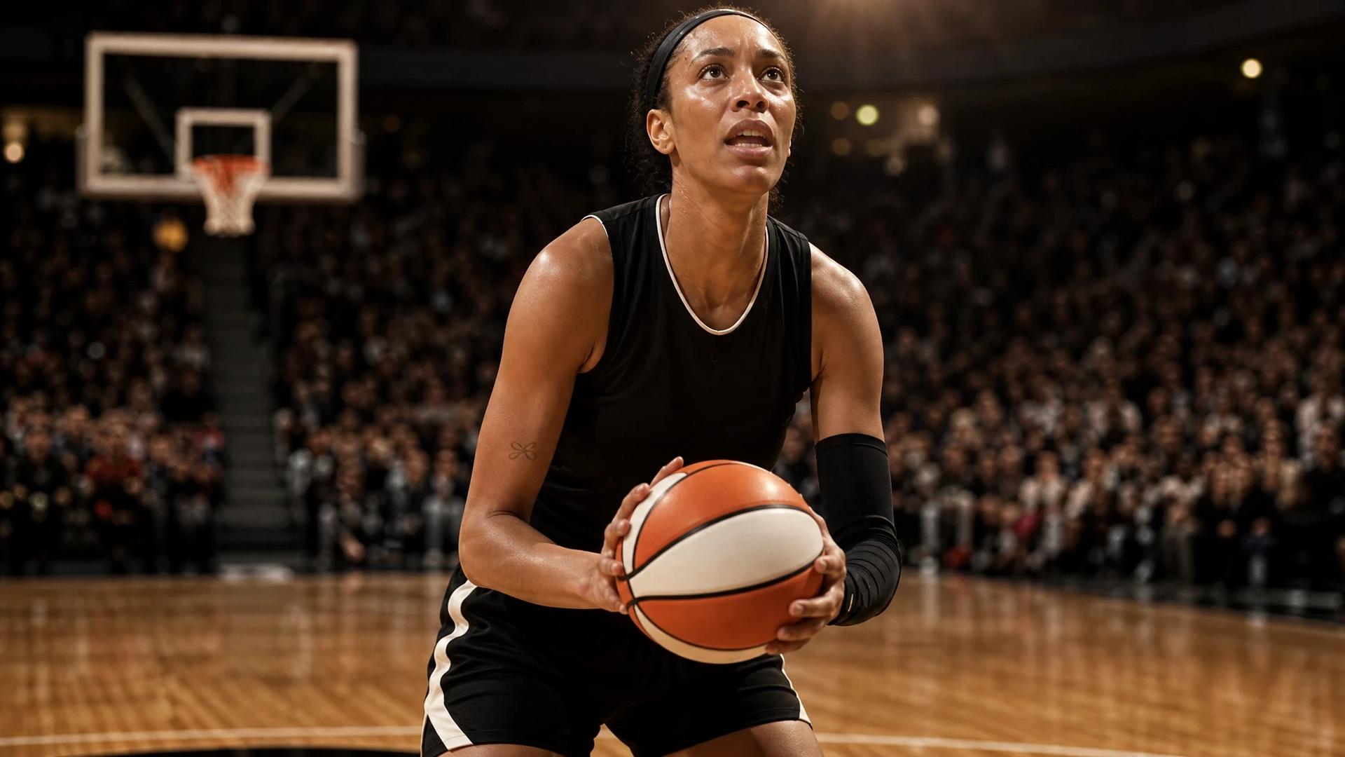 A'ja Wilson preparing to shoot during a basketball game, with an intense expression and spotlight illuminating her.