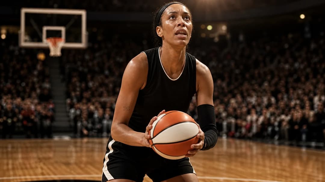 A'ja Wilson preparing to shoot during a basketball game, with an intense expression and spotlight illuminating her.