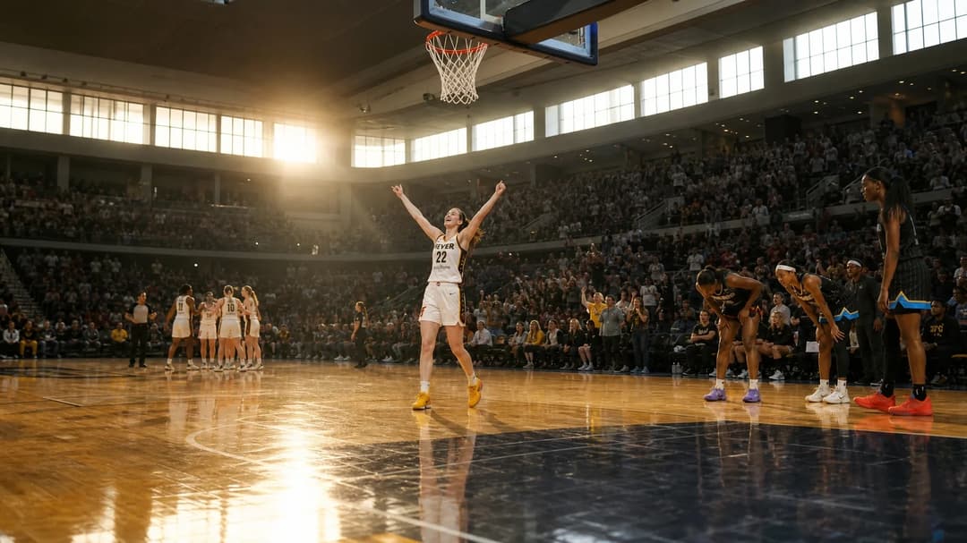 Caitlin Clark celebrating a victory in a gymnasium, with teammates and opponents visible in the background.
