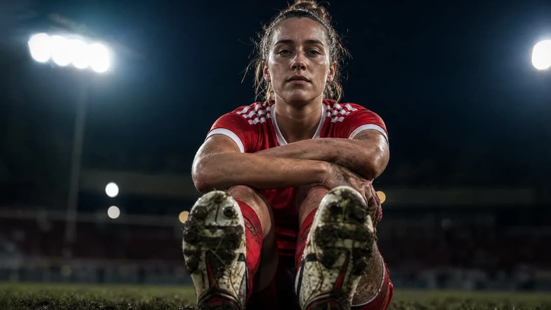 A close-up of a Union Berlin women's football player in a darkened stadium with floodlights.