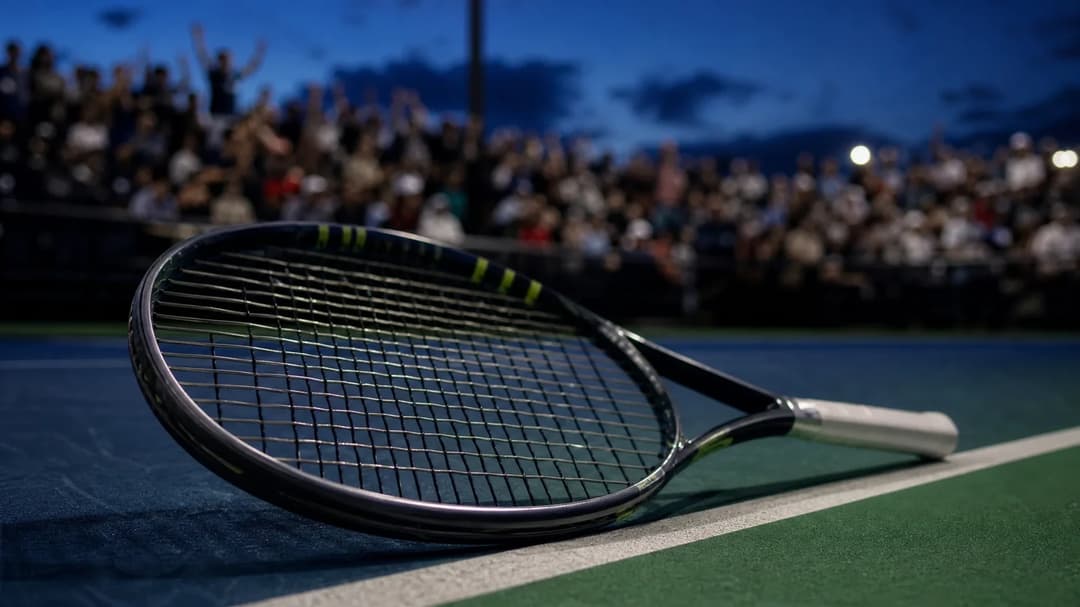 A tennis racket on the court with a blurred crowd in the background.