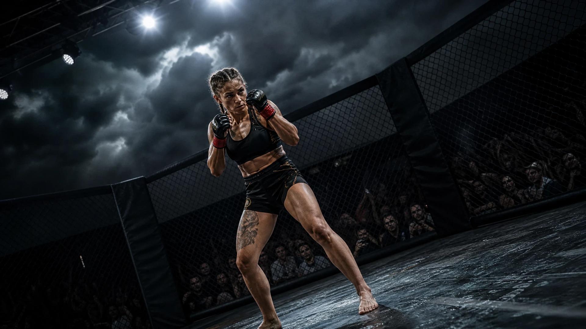 A female MMA fighter stands in a cage, ready for a match under stormy lighting.