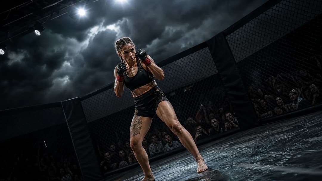 A female MMA fighter stands in a cage, ready for a match under stormy lighting.