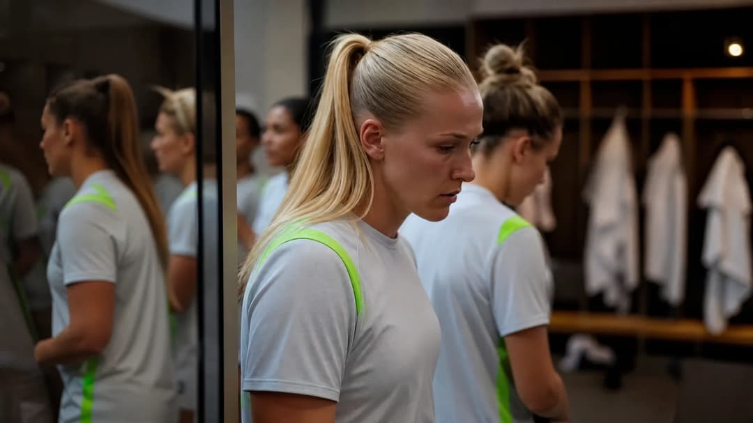 Players of VfL Wolfsburg Women in their locker room preparing for a match.