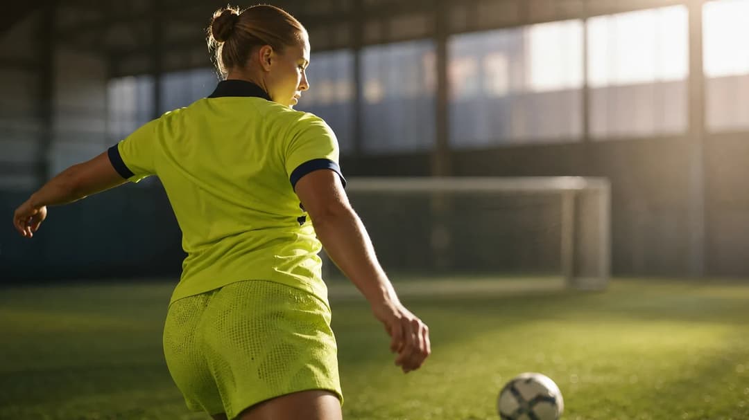 Over-the-shoulder shot of a female football player preparing to strike a ball on the training pitch.