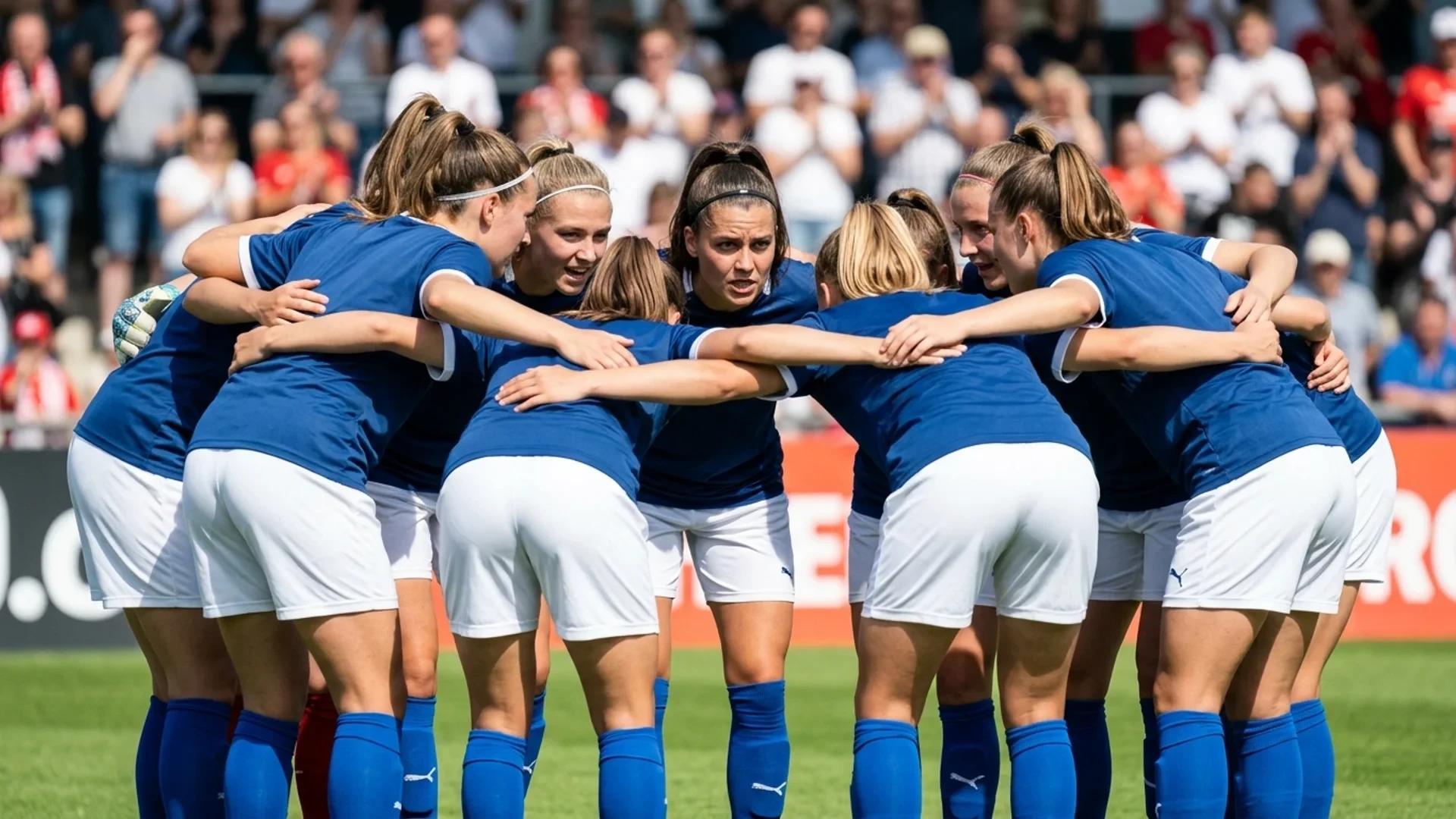 A close-up of Mainz 05 women's football players strategizing in the sunlight before their first Frauen Bundesliga match.