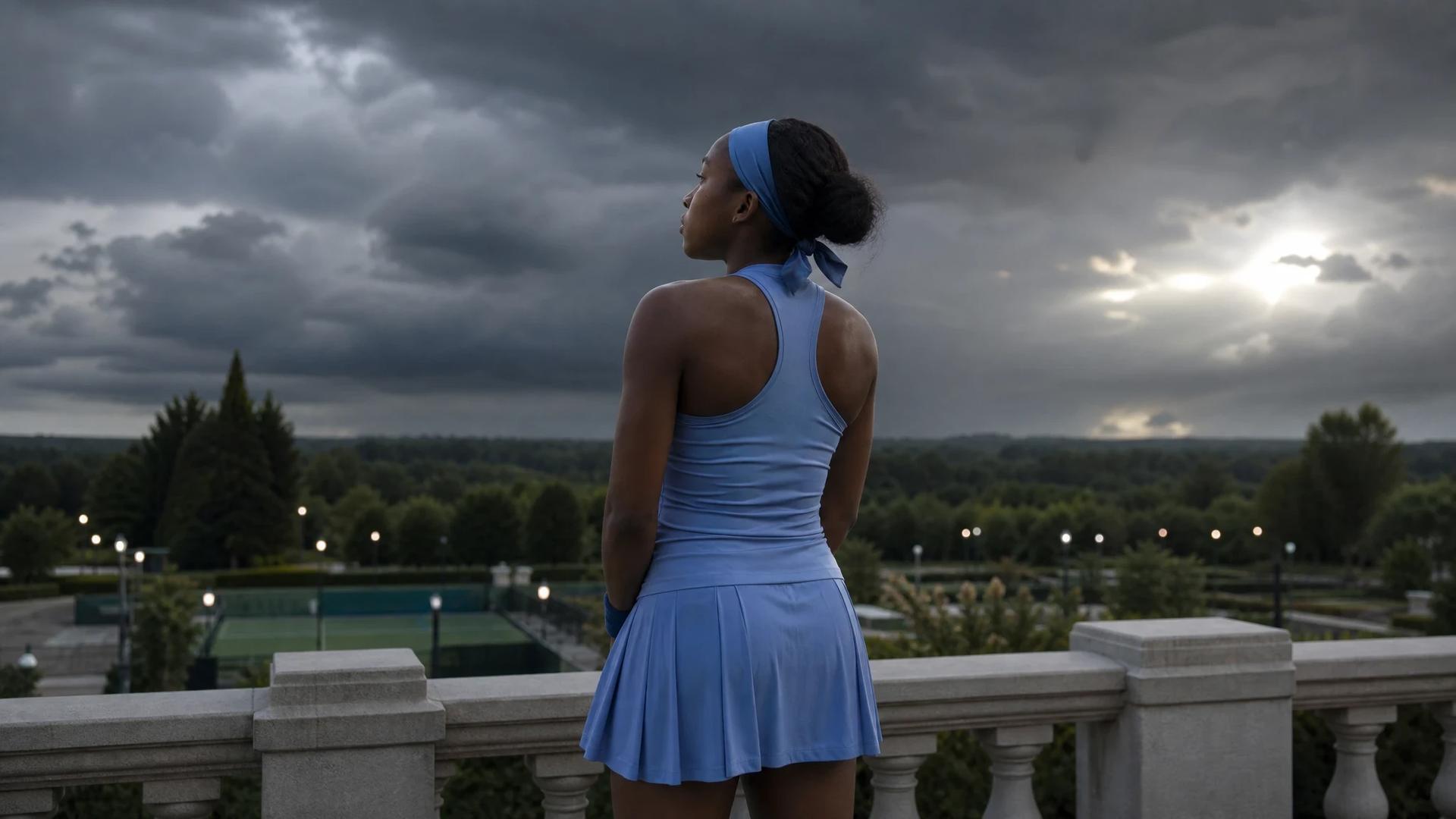 Coco Gauff stands on a patio, looking out at a stormy sky with a pensive expression.