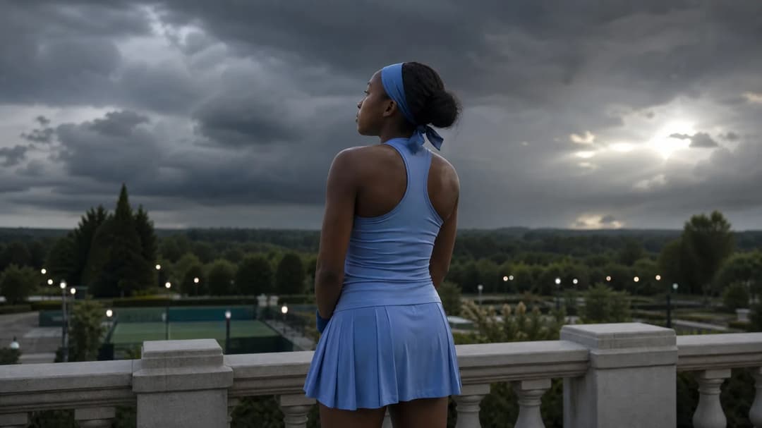 Coco Gauff stands on a patio, looking out at a stormy sky with a pensive expression.