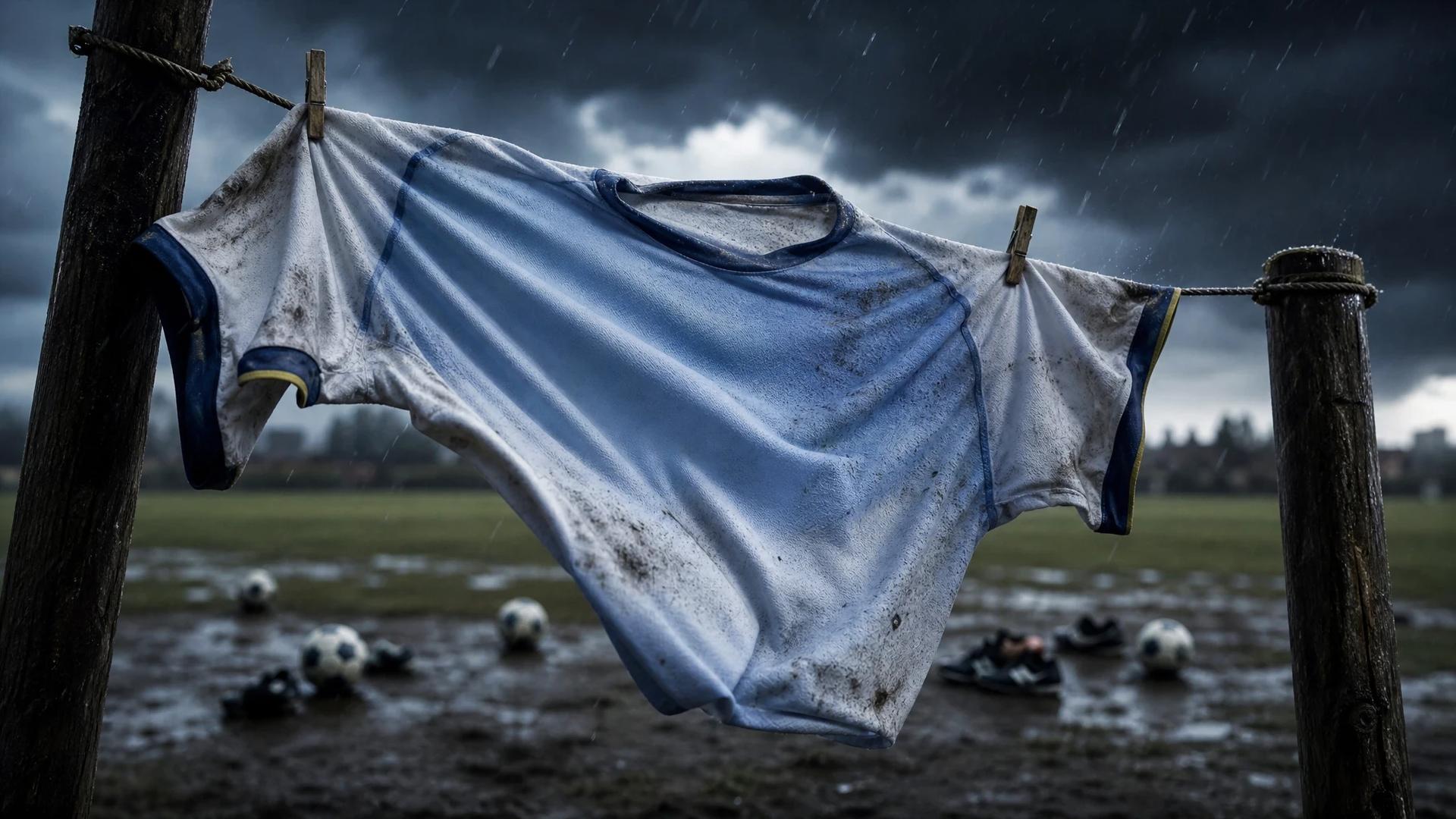 A close-up of a Tottenham Hotspur women's jersey hanging on a clothesline, under stormy skies.