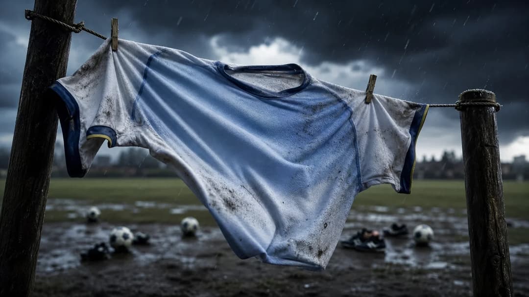 A close-up of a Tottenham Hotspur women's jersey hanging on a clothesline, under stormy skies.