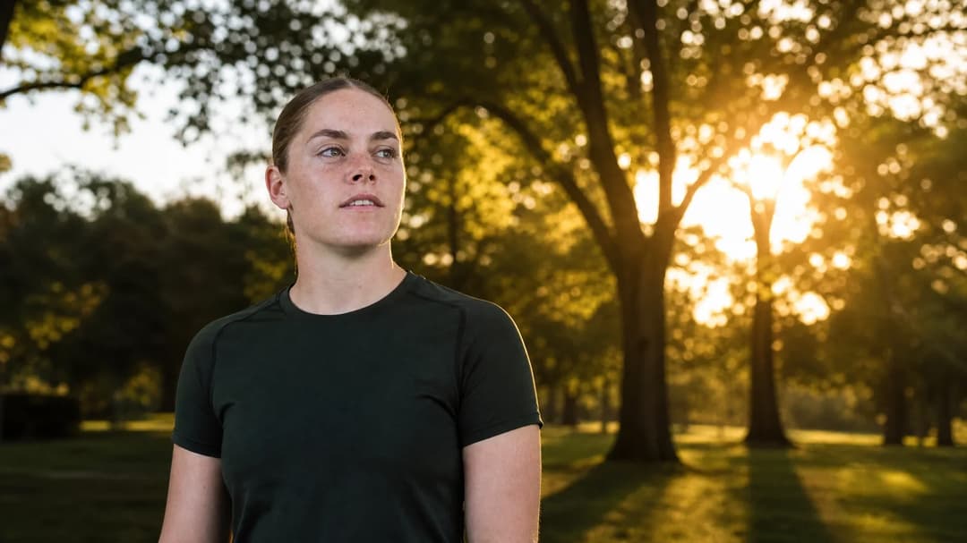A female football player stands in a park during golden hour, looking thoughtfully into the distance.