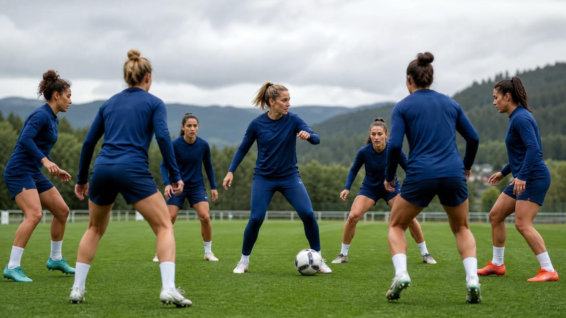 A group of female footballers training on a lush green field with cloudy skies.