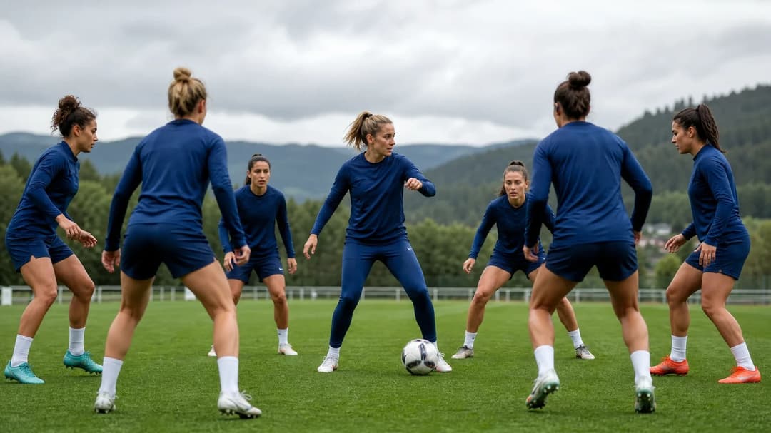 A group of female footballers training on a lush green field with cloudy skies.