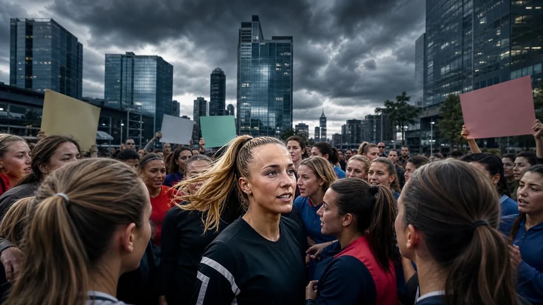 A bird's-eye view of a crowded urban square with women in sports clothing discussing passionately, set against dramatic stormy skies.