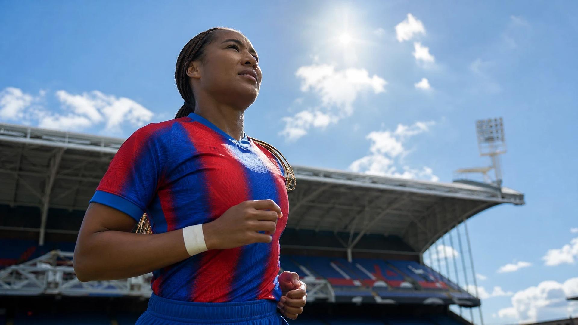 Lexi Lloyd-Smith, a football player, is silhouetted against a bright blue sky during midday sunlight.
