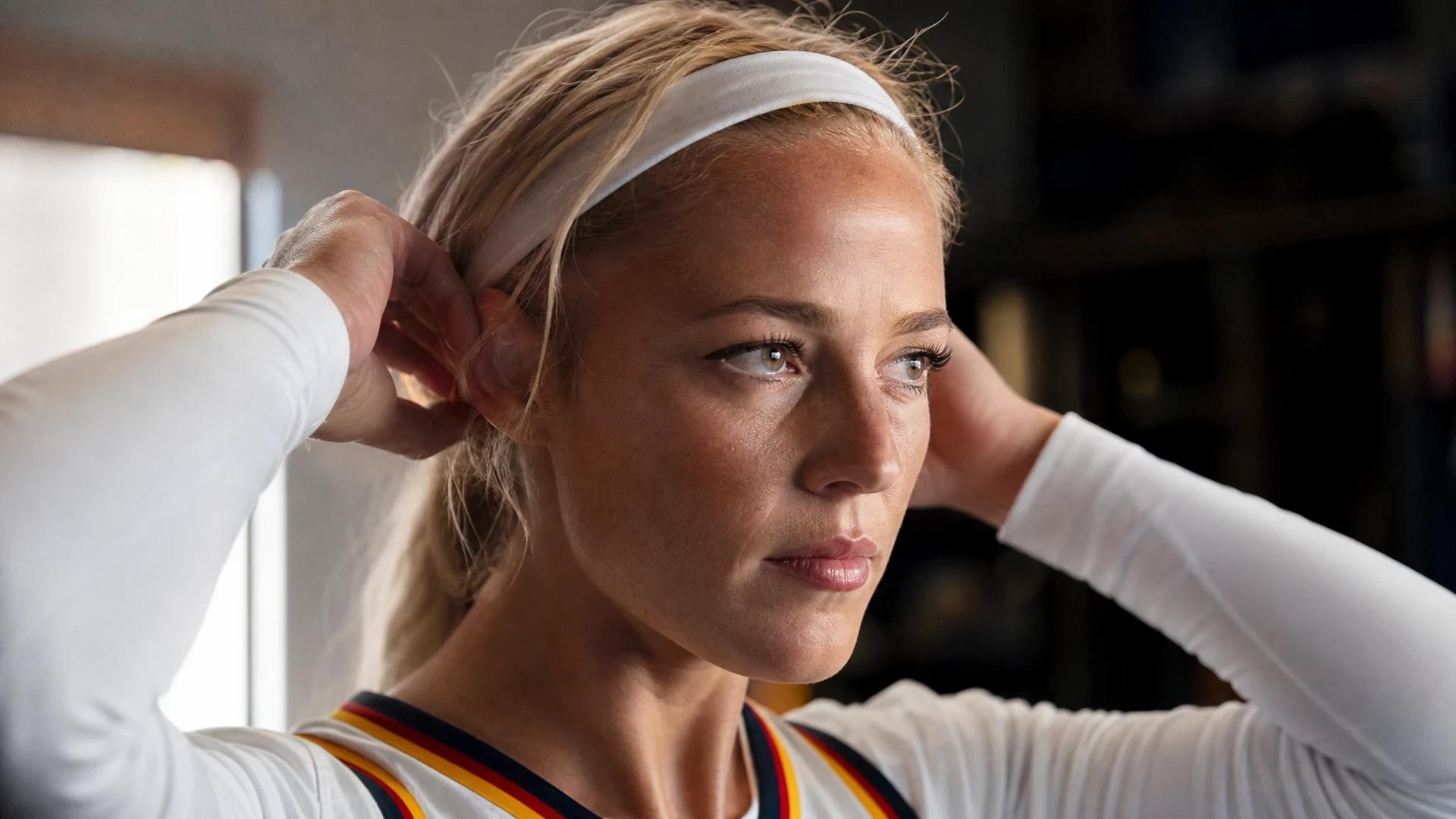 Close-up of a female basketball player adjusting her headband in a softly lit area.